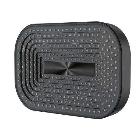 Rectangular black shower head with numerous circular nozzles and a brushed metallic central panel, viewed from an angle.