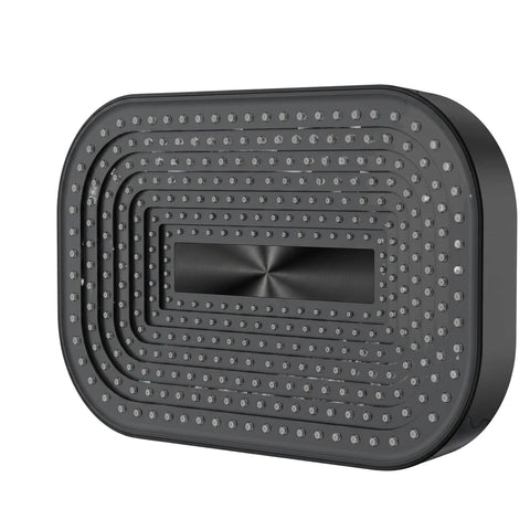 Rectangular black shower head with numerous circular nozzles and a brushed metallic central panel, viewed from an angle.