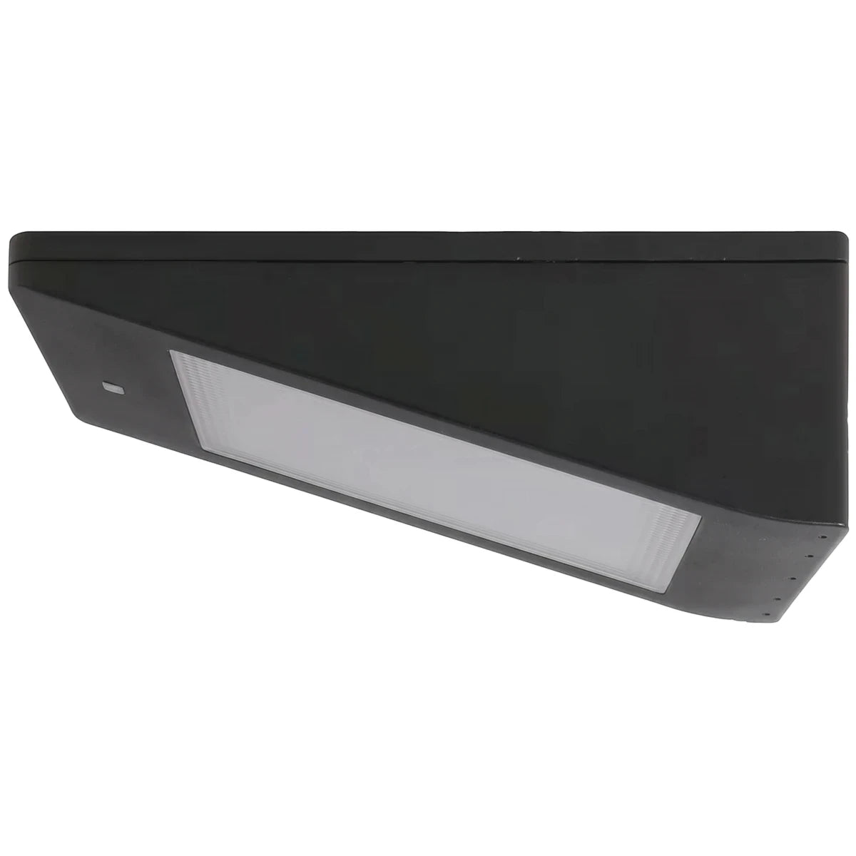 Black rectangular solar LED wall light, IP65 rated, mounted on a white background, viewed from an angled perspective.