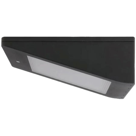 Black rectangular solar LED wall light, IP65 rated, mounted on a white background, viewed from an angled perspective.