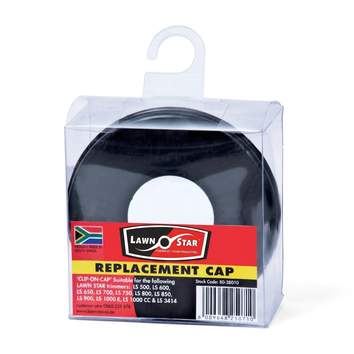 Black Replacement Trimmer Spool Cap for Lawn Star trimmers, presented in clear retail packaging with a red label and white