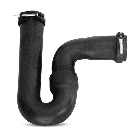 Black reseal P-trap pipe, 40mm by 40mm, for plumbing applications, featuring metal clamps
