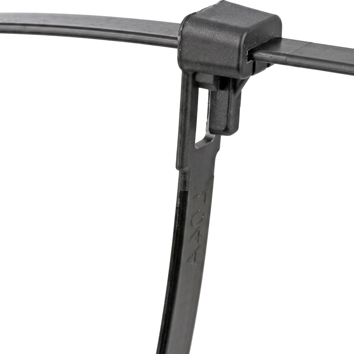 Close-up of a black reusable nylon cable tie with a locking mechanism on a white background, useful for organizing cables.