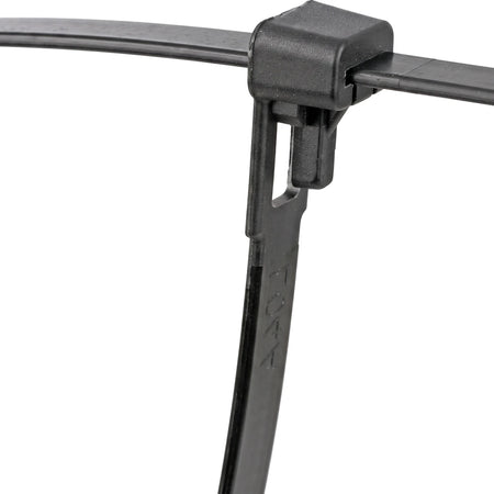 Close-up of a black reusable nylon cable tie with a locking mechanism on a white background, useful for organizing cables.