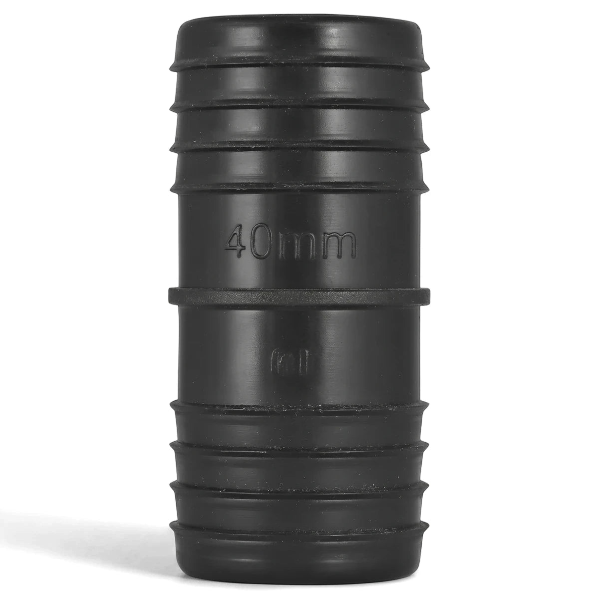 Black ribbed 40mm irrigation coupling, a durable hose barb fitting used for connecting pipes in water systems, shown upright.