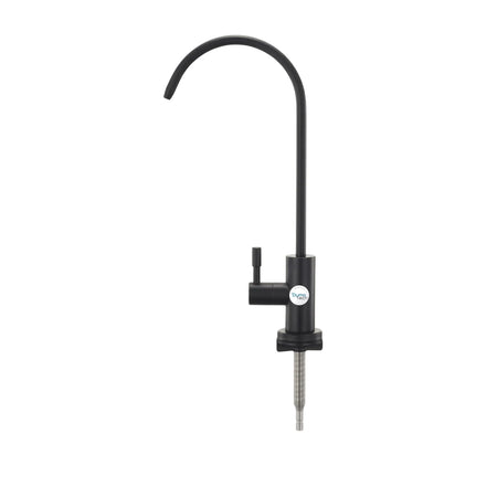 Black faucet tap for RO water system with a curved spout and modern design, featuring a Dymo Tech logo.