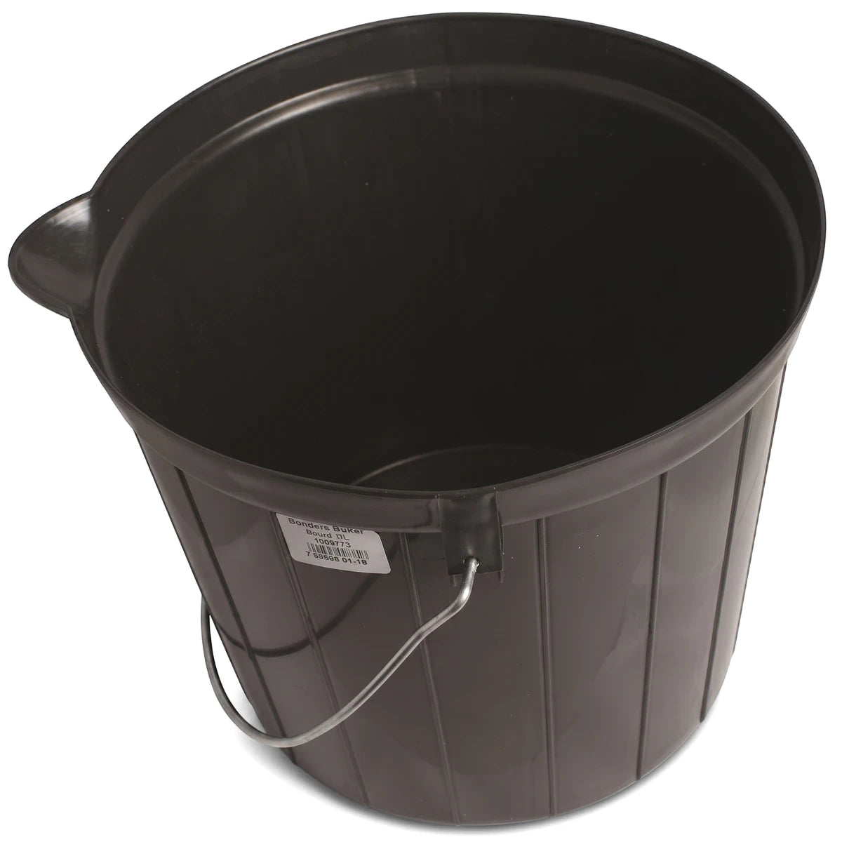 Black round 12L plastic bucket with a metal handle, viewed from above against a white background.