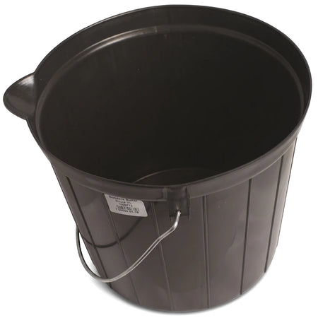 Black round 12L plastic bucket with a metal handle, viewed from above against a white background.