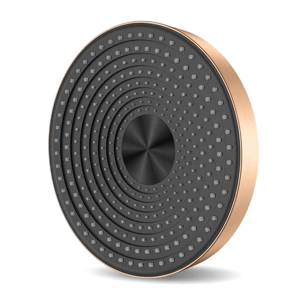Round black shower head with a rose gold rim and concentric textured dot pattern, viewed at an angle on a white background.