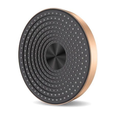 Round black shower head with a rose gold rim and concentric textured dot pattern, viewed at an angle on a white background.