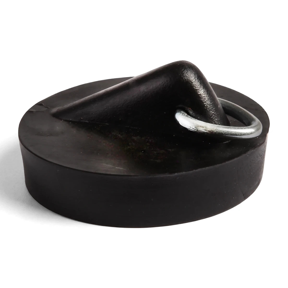 Black rubber bath plug with a silver metal ring, shown from a slightly elevated angle against a plain background.