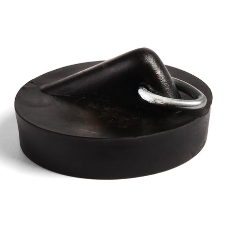 Black rubber bath plug with a silver metal ring, shown from a slightly elevated angle against a plain background.