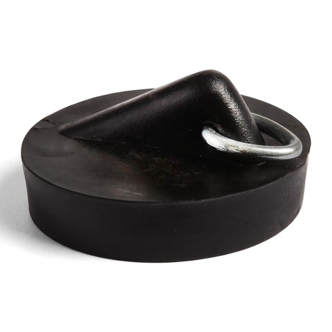 Black rubber bath plug with a silver metal ring, shown from a slightly elevated angle against a plain background.