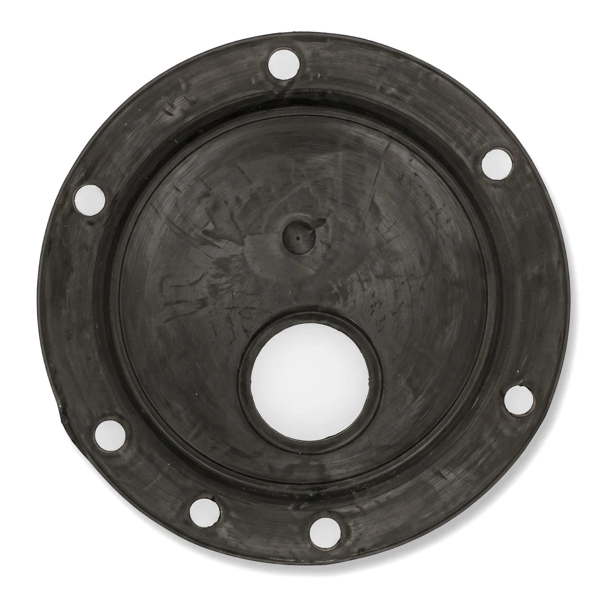 Black rubber flat flange gasket with a central opening and eight perimeter holes, photographed from above.