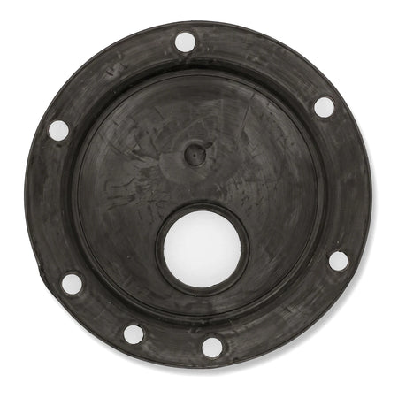 Black rubber flat flange gasket with a central opening and eight perimeter holes, photographed from above.