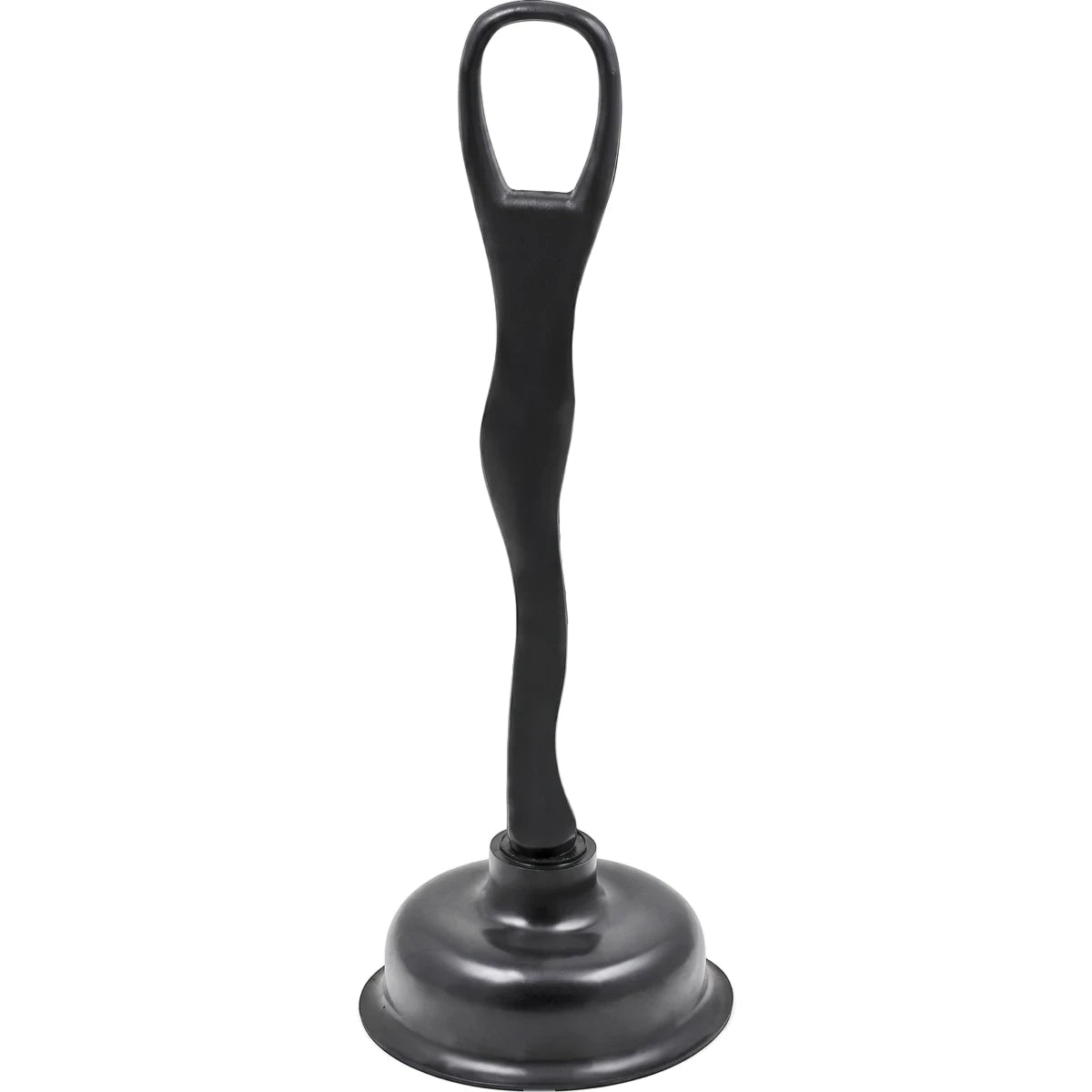 Black rubber force cup plunger, 150mm, standing upright. A essential household plumbing tool for clearing drains.