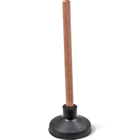 Black rubber force cup plunger with a sturdy wooden handle, standing upright on a white background, ready for plumbing tasks.