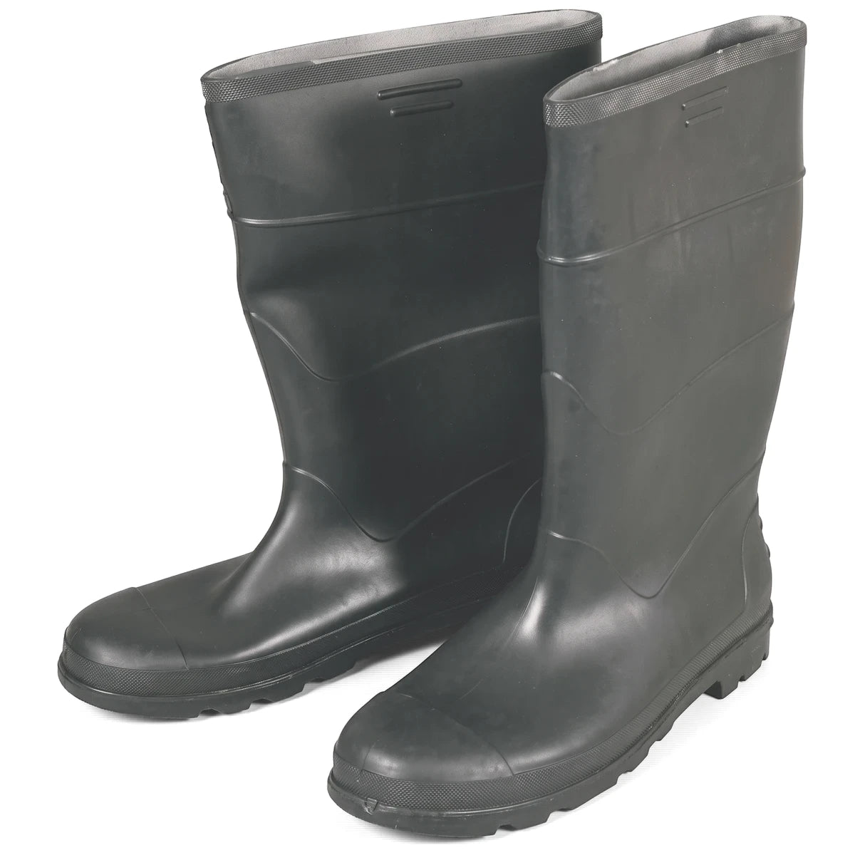 Pair of black rubber gumboots standing upright, featuring tall shafts and rugged, textured soles for protection.