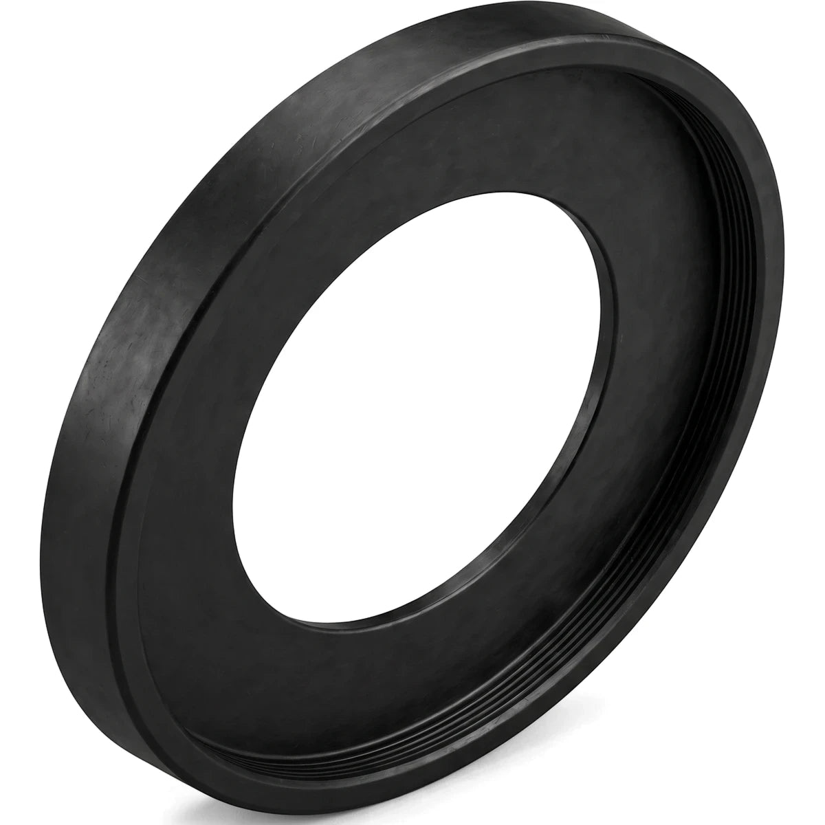 Black rubber toilet pan collar seal, shown at an angle, highlighting its circular form and inner threaded design.