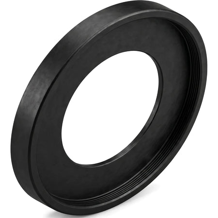 Black rubber toilet pan collar seal, shown at an angle, highlighting its circular form and inner threaded design.