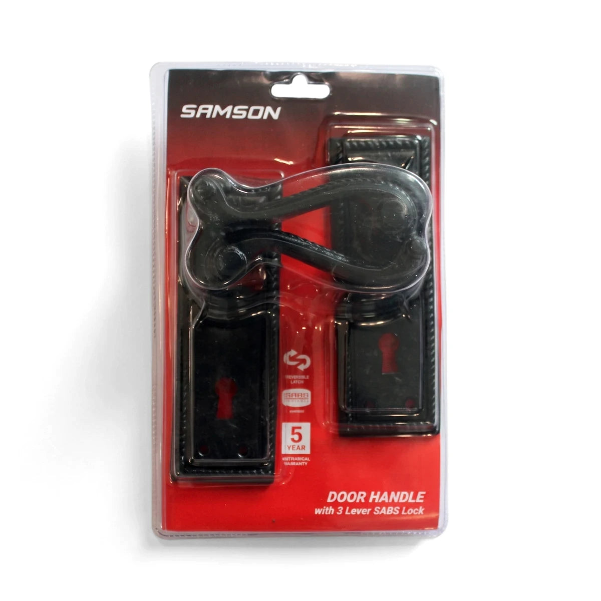 Black Samson Lset Key 3L Sabs Lockset, a decorative door handle and keyhole plates packaged for retail, against a white