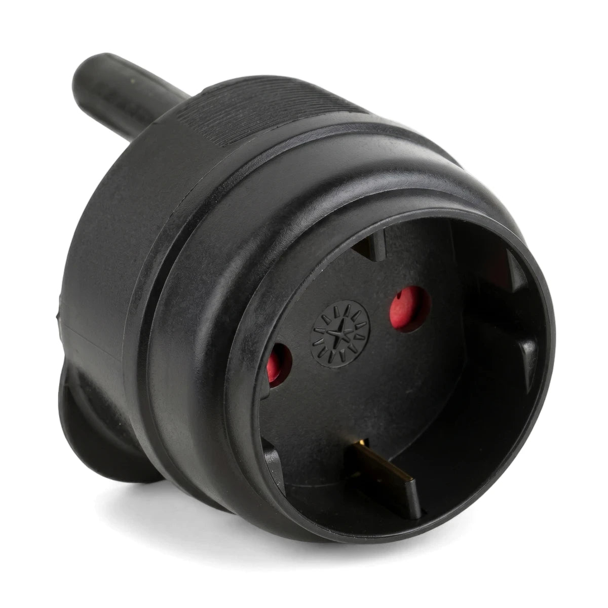 Close-up angled view of a black Schuko plug adapter, showing its two red pin receptacles and grounding clips.