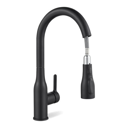 Black single lever pull out mixer kitchen faucet with a high arc spout and spray head, shown on a white background.