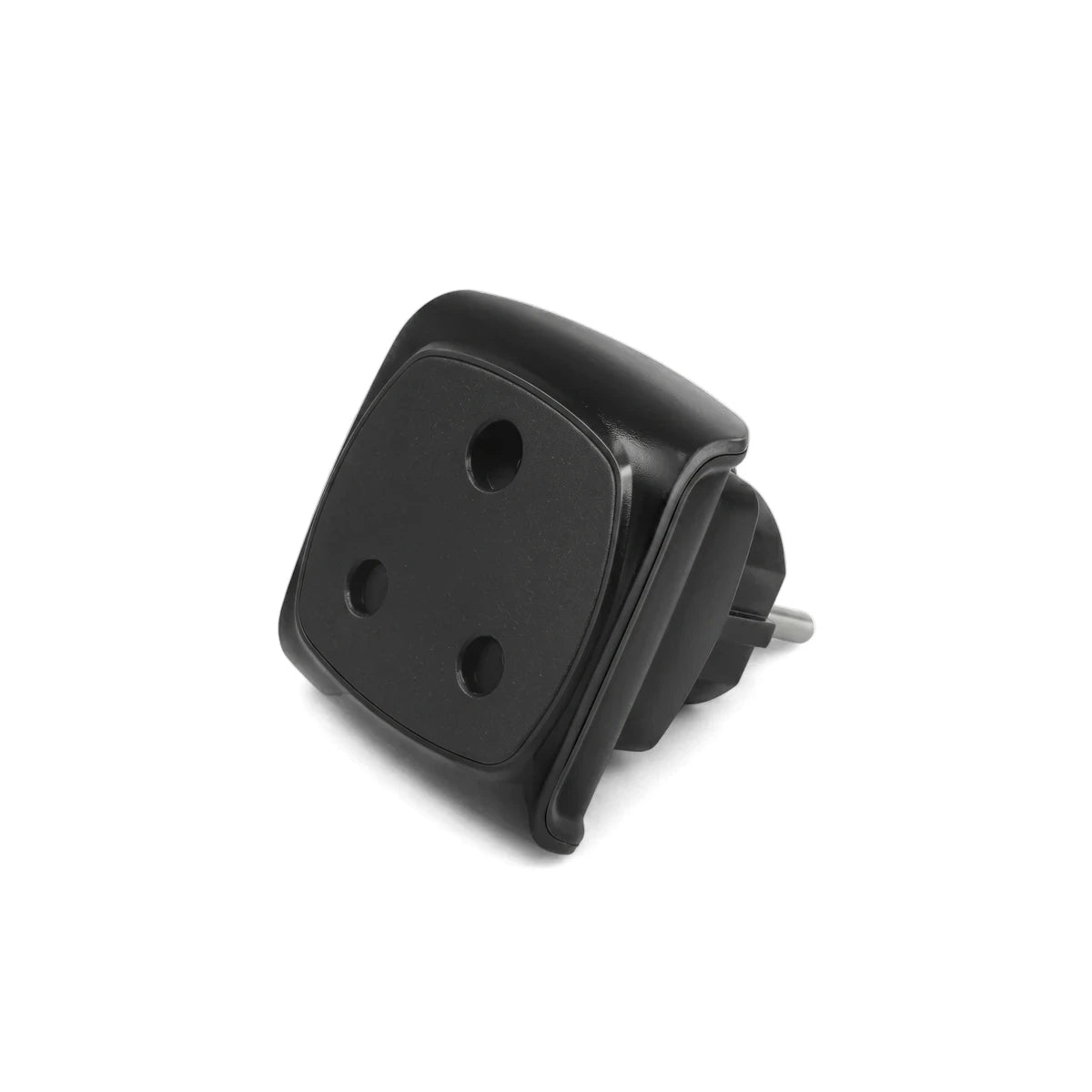 Black single-port Euro plug adapter in an angled view, featuring three circular pin holes on its face.