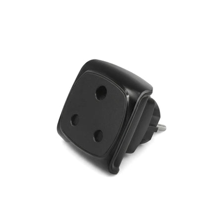 Black single-port Euro plug adapter in an angled view, featuring three circular pin holes on its face.