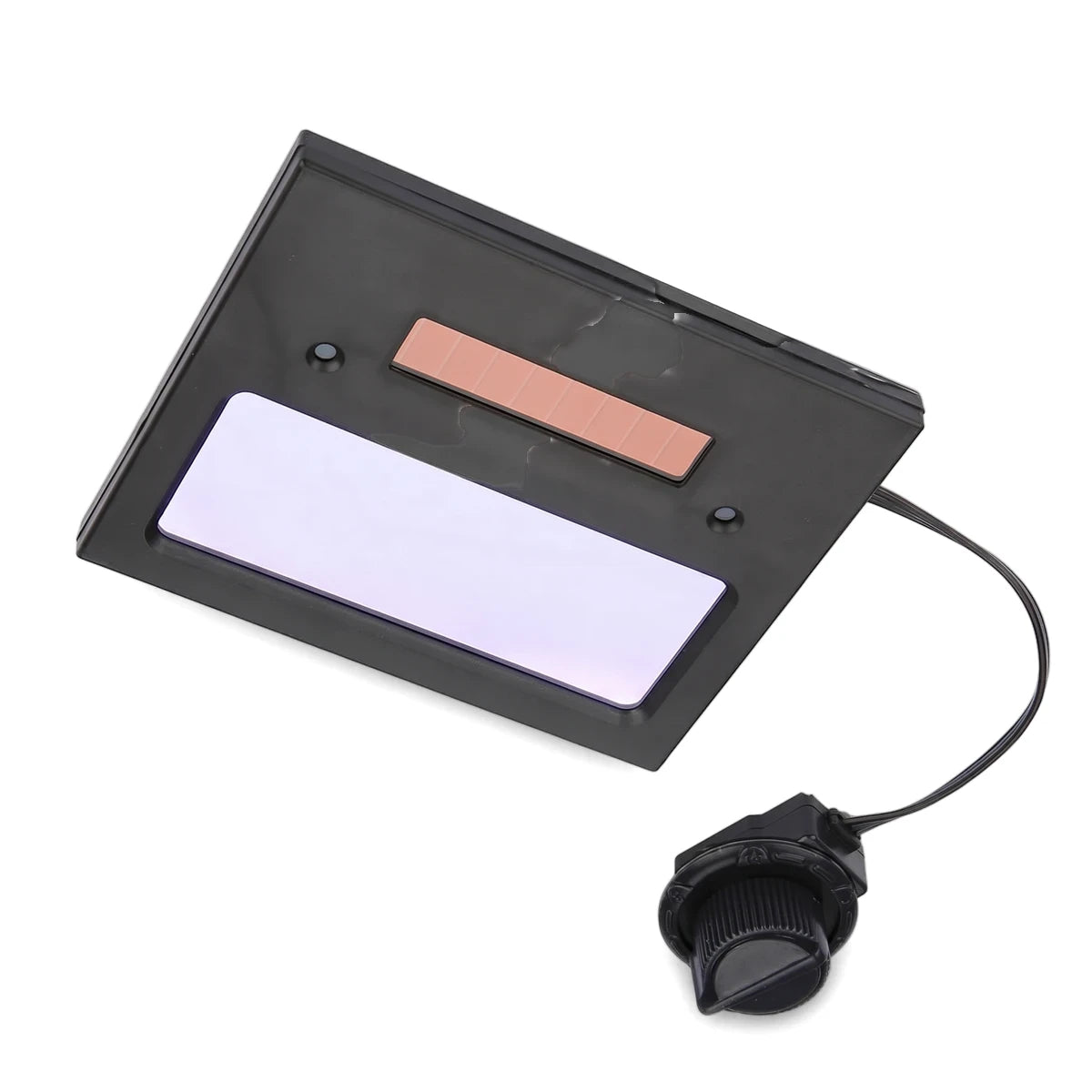 Black solar auto-darkening welding helmet lens with a connected control knob, angled, highlighting its features for eye