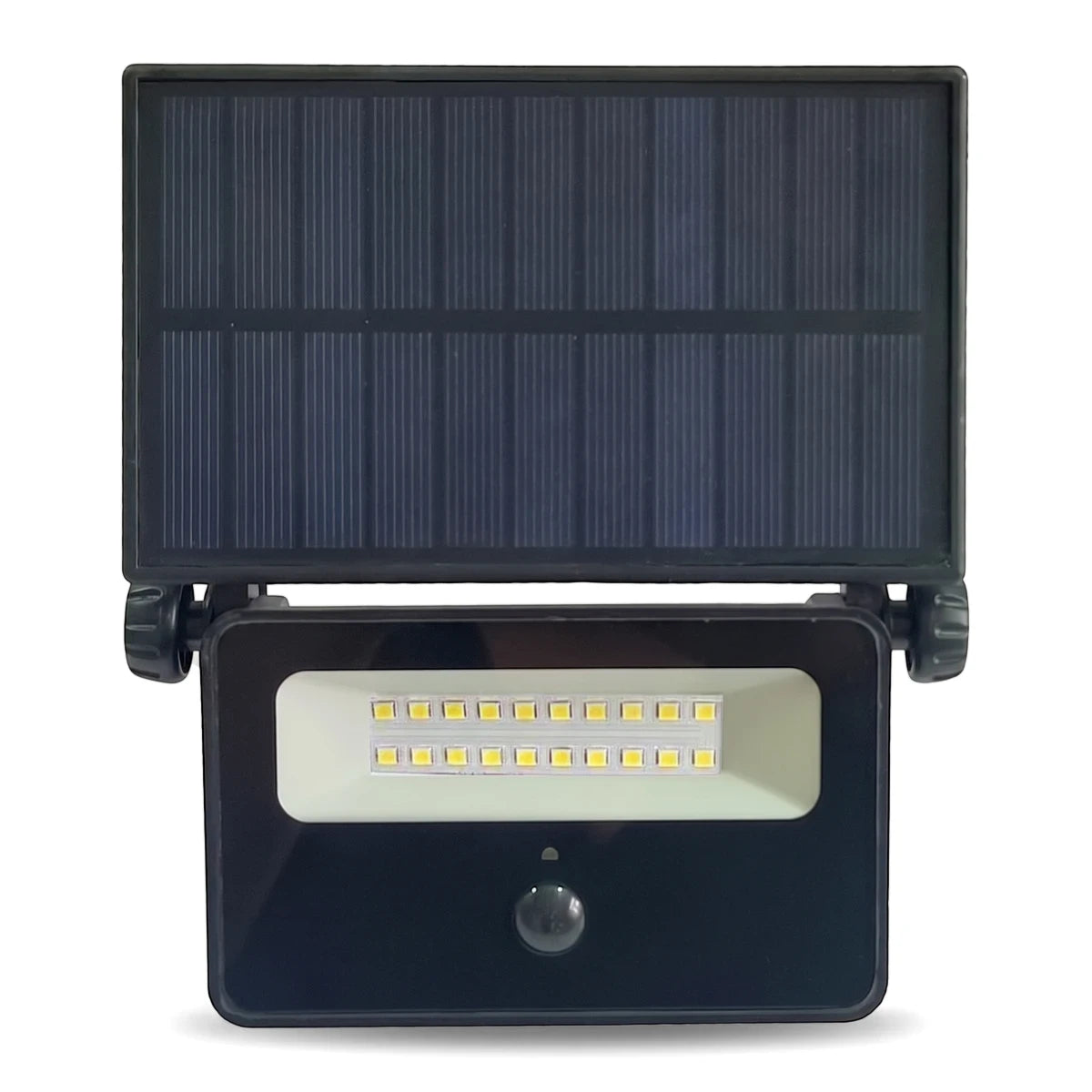 A black solar LED flood light with a motion sensor and an integrated solar panel, shown from the front.