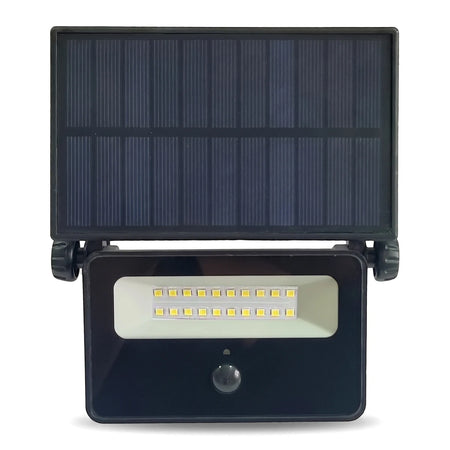 A black solar LED flood light with a motion sensor and an integrated solar panel, shown from the front.