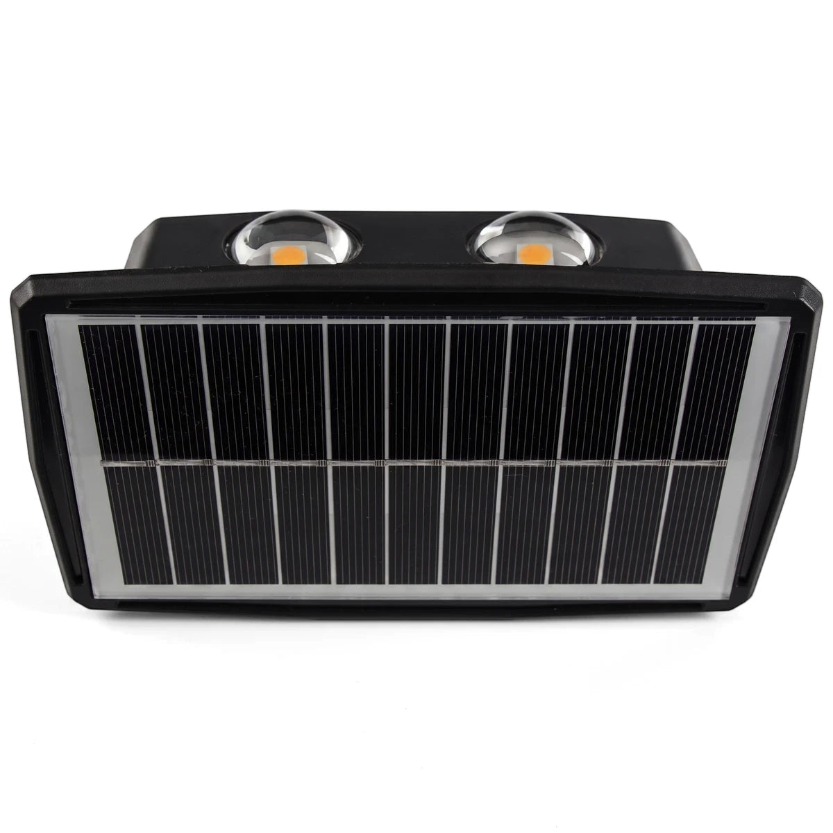 Black Solar LED Up & Down Wall Light featuring a prominent solar panel and two bright LED lights for outdoor illumination.