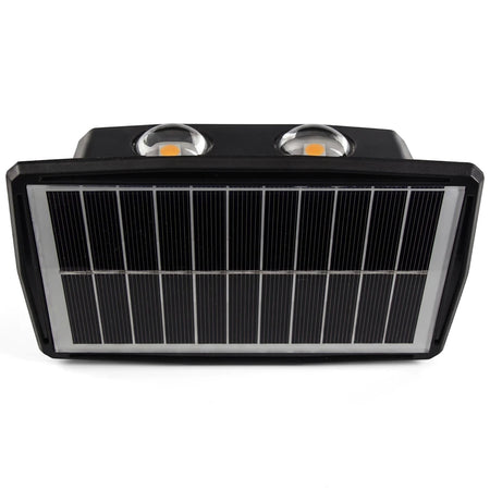 Black Solar LED Up & Down Wall Light featuring a prominent solar panel and two bright LED lights for outdoor illumination.