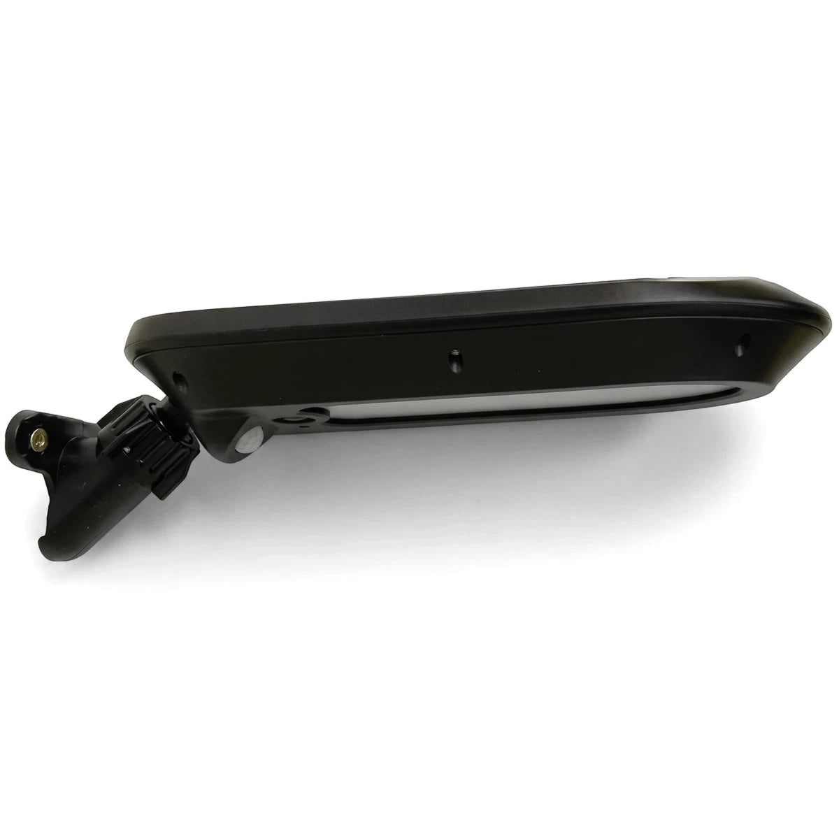 Black solar wall lamp with an integrated solar panel and an adjustable mounting bracket, shown from a side view.