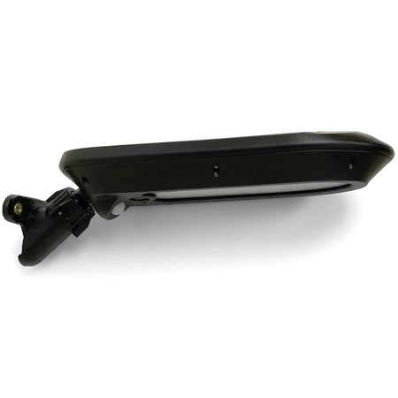 Black solar wall lamp with an integrated solar panel and an adjustable mounting bracket, shown from a side view.