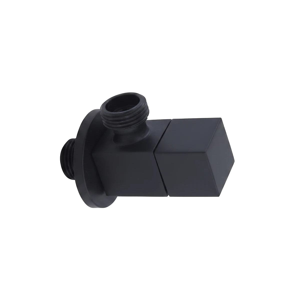 Black square angle valve plumbing fitting with a matte finish for water flow control and installation.