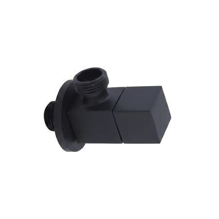 Black square angle valve plumbing fitting with a matte finish for water flow control and installation.