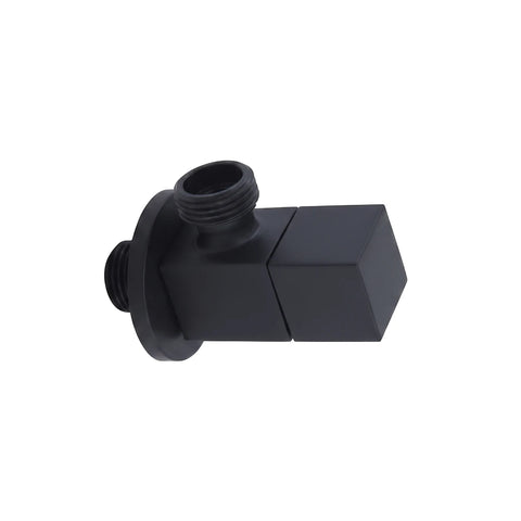 Black square angle valve plumbing fitting with a matte finish for water flow control and installation.