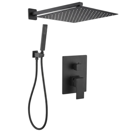 Black square rain shower head with a handheld sprayer and wall-mounted control unit for a modern bathroom.