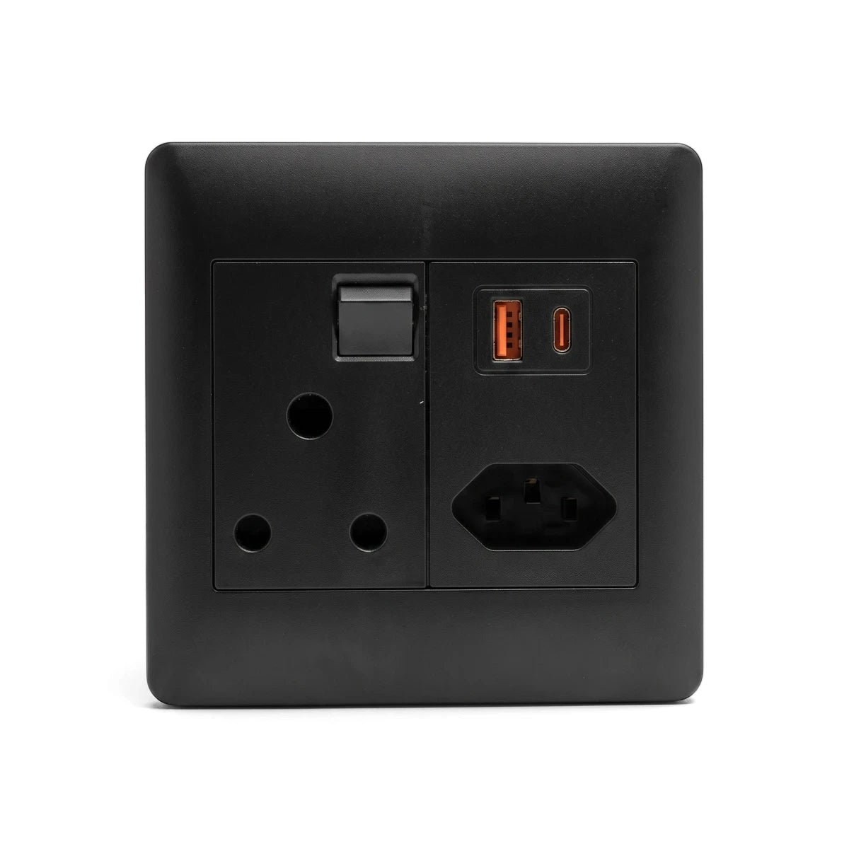 Black square wall socket featuring UK 3-pin, IEC, USB-A, and USB-C ports, with an integrated switch.