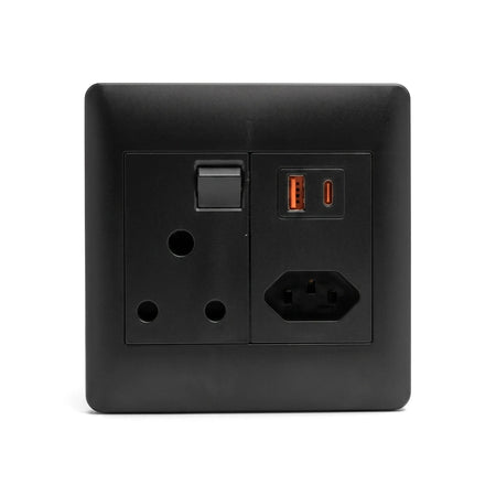 Black square wall socket featuring UK 3-pin, IEC, USB-A, and USB-C ports, with an integrated switch.