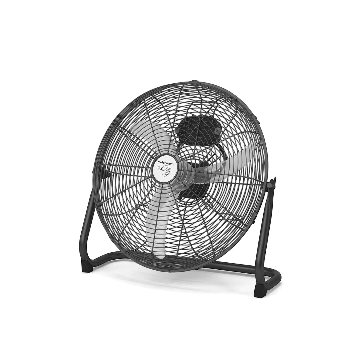 A black steel 3-speed floor fan with a circular head and U-shaped stand, shown from an angled view on a reflective white