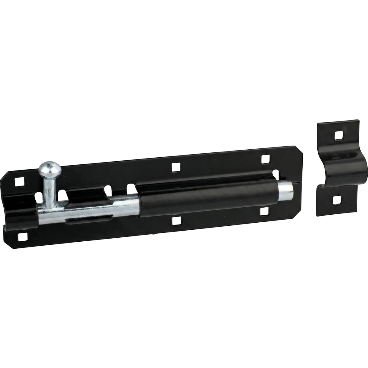 Black straight barrel bolt, 75mm, with a silver sliding mechanism and a separate keeper, for securing doors or gates.