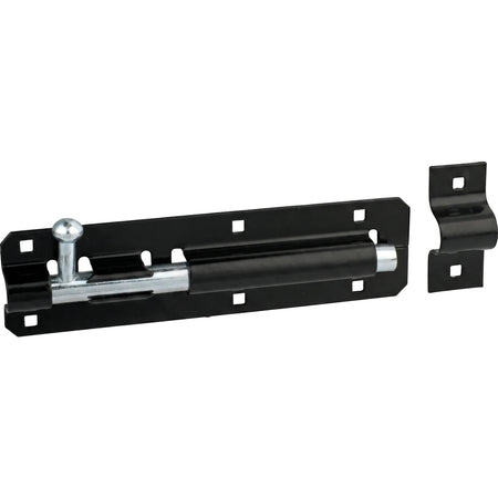 Black straight barrel bolt, 75mm, with a silver sliding mechanism and a separate keeper, for securing doors or gates.