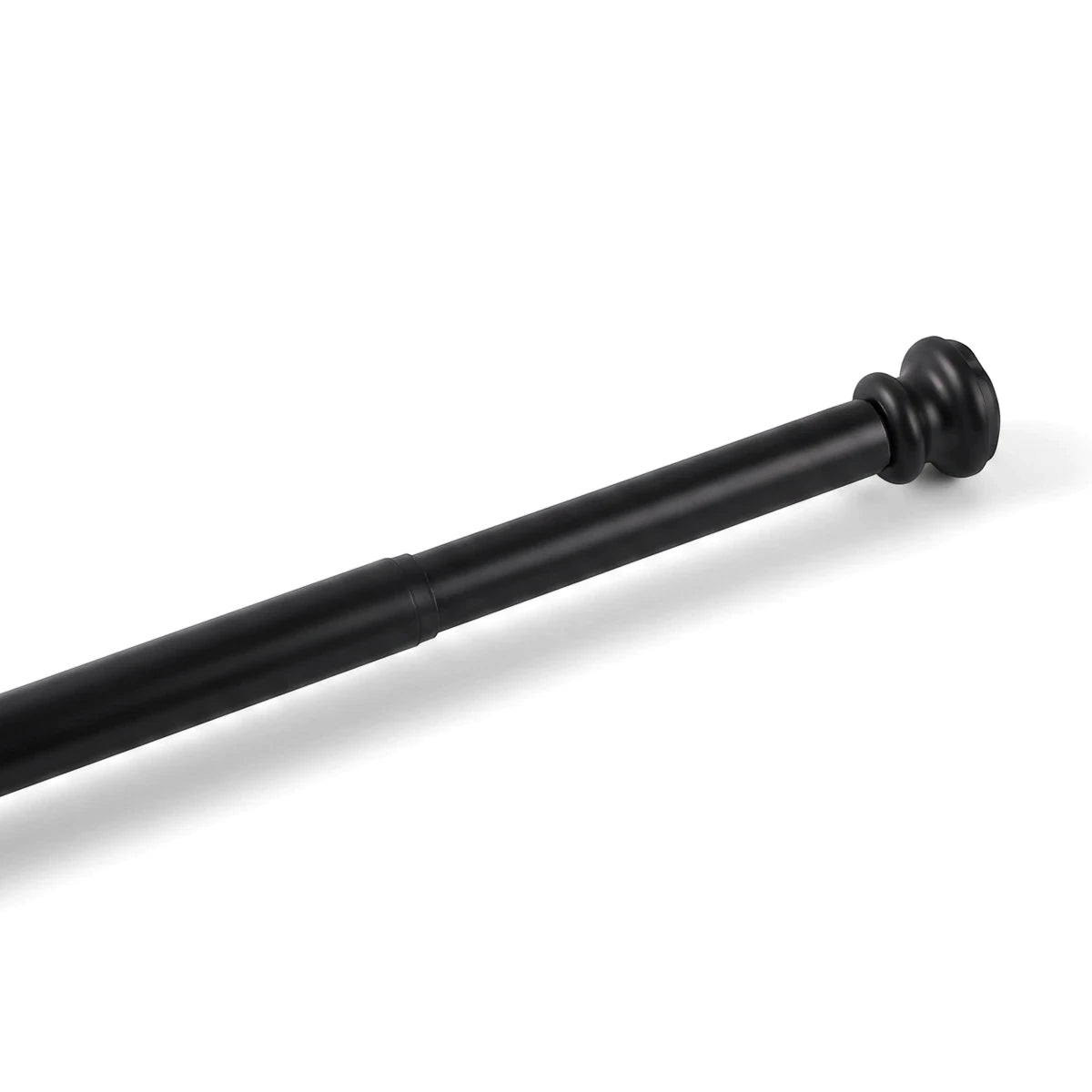 Black telescopic shower curtain rod, 80-135cm, with a decorative finial, displayed diagonally.