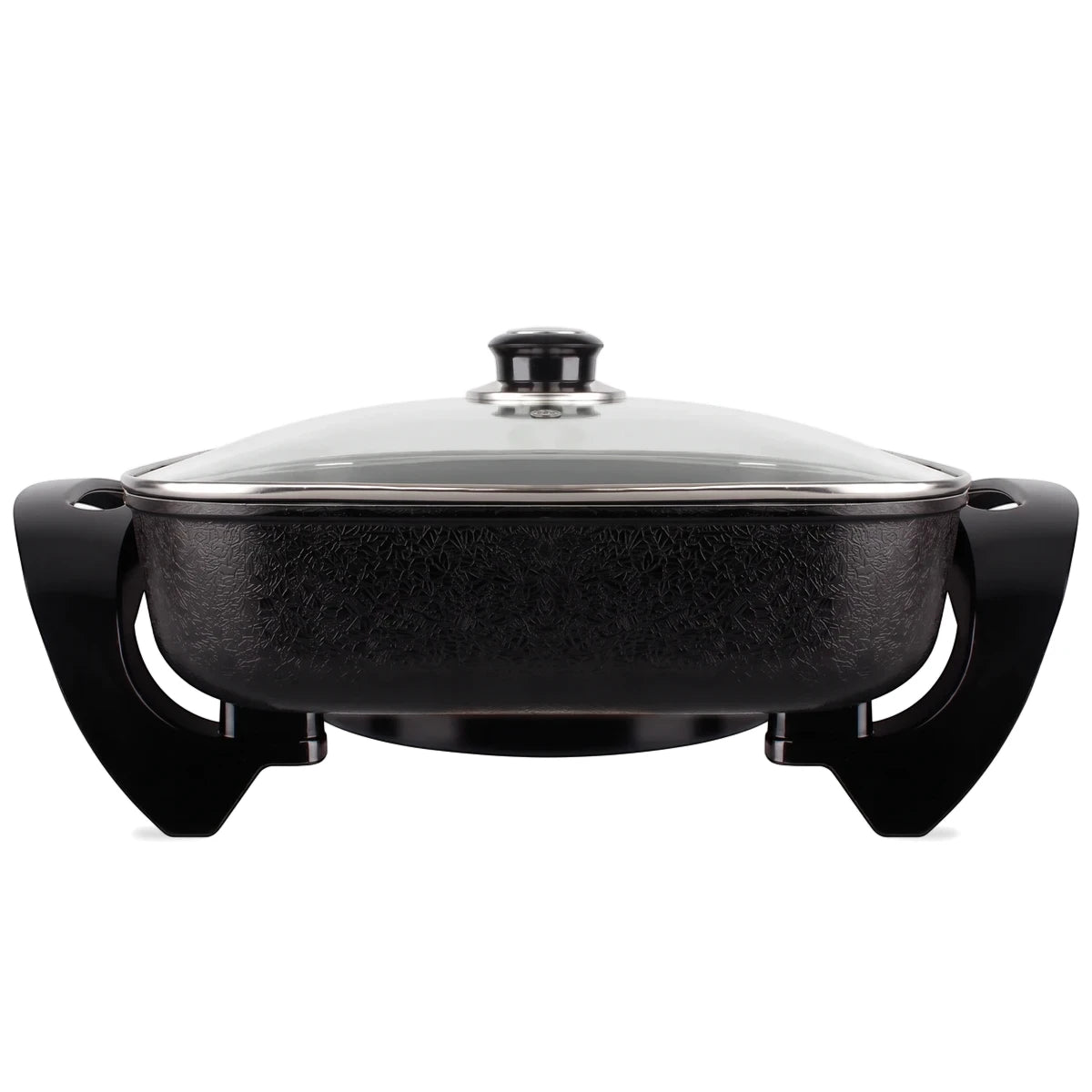 Black textured aluminum electric frying pan with a clear glass lid and black handles, shown from a front view.