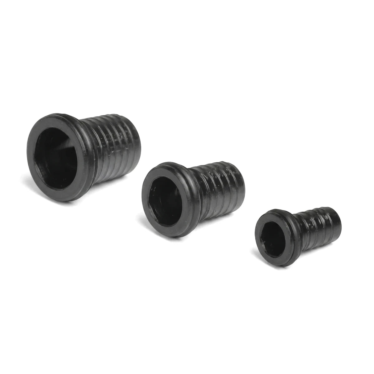 Black threaded insert rings for PEX plumbing pipes in a set of three different sizes, shown on a white background.