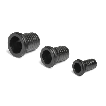 Black threaded insert rings for PEX plumbing pipes in a set of three different sizes, shown on a white background.