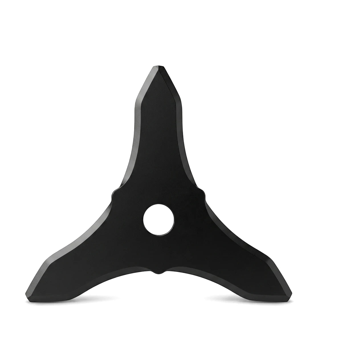 Black tri-star brush cutter blade with three sharp prongs and a central mounting hole, captured against a clean white